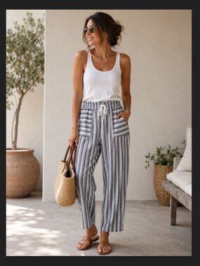 Vince Camuto Linen Blend Pants Blue White Striped Beach Vacation Loose Medium